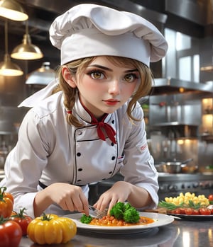 Masterpiece, 4K, ultra detailed, solo, 1 professional female chef with glamorous makeup, chef hat, bent over, fantastic cuisine, depth of field, SFW,