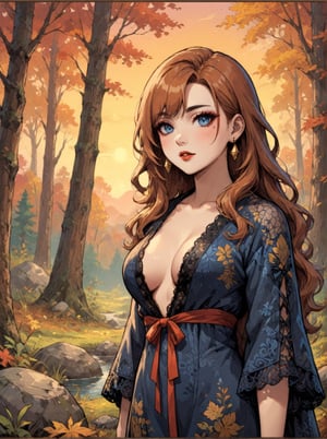 Masterpiece, 4K, ultra detailed, beautiful female singer with flawless dark makeup, beautiful detailed blue eyes and glossy lips, golden earring, wavy long ginger hair, sheer lace robe, large boulder in quiet autumn forest during sunset, depth of field, SFW, more detail XL, Ukiyoe Art Style, painting,