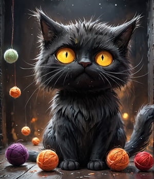 Masterpiece, 4K, Ultra detailed, 1 scary black cat with fluffy fur, playing yarn balls, depth of field, SFW