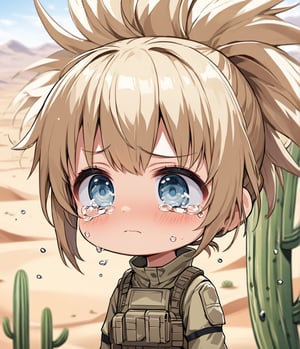Masterpiece, 4K, ultra detailed, chibi anime style, ((solo)) female solider crying with tears in desert,  ponytail hair, tall cactus, windy, more detail XL, SFW, depth of field, closeup portrait,