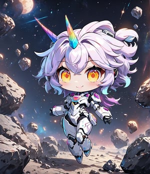 Masterpiece, 4K, ultra detailed, chibi anime style, cyber unicorn robot girl smiling at viewers, SFW, epic rocky space asteroids,shuimo style