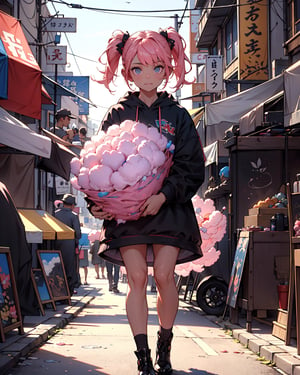 A cute young girl holding1gigantic round cotton candy on a stick with 2 hands, street fair background, 4k, highly detailed, full body portrait, extreme depth of field,