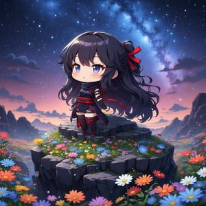 Masterpiece, 4K, ultra detailed, chibi anime style, beautiful female ninja with flawless makeup and glossy lips, long flowy hair wearing ninja outfit, on top of a crystalized rocky cliff, looking at the colorful starry night, wild flowers, depth of field, SFW, 