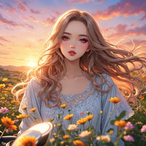 Masterpiece, 4K, ultra detailed, anime style, beautiful female scooter rider with glamorous makeup and glossy lips, long flowy hair, epic sunset, wild flowers, depth of field, SFW,more detail XL,