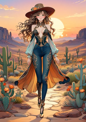 Masterpiece, 4K, ultra detailed, anime style, ((solo)), sexy long wavy hair girl wearing cowboy hat and skin tight jeans, beautiful hazel color eyes, dangling gold earrings, walking in rocky desert with high heels, cactus with flowers, sunset, more detail XL, SFW, depth of field, (art nouveau style)