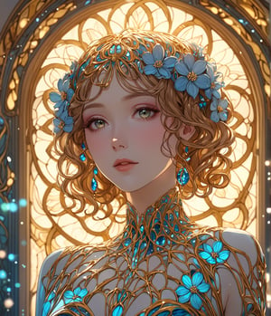 Masterpiece, 4K, ultra detailed, fashionable woman made of luminrous liquid, perfect makeup, SFW, depth of field, backlighting, Art nouveau flowers,