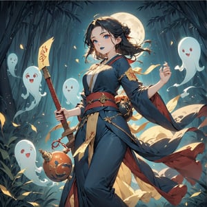 Masterpiece, 4K, ultra detailed, anime style, female ghost buster with flawless makeup and dark blue lips, yellow paper talisman with red oak wooden sword on 1 hand, dark satin robe with Gourd Water Bottle tied to waist, in a dark bamboo forest at night, floating ghost spirit in the back, depth of field, SFW,huayu, Ukiyoe Art Style,