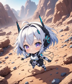 Masterpiece, 4K, ultra detailed, chibi anime style, cyber robot girl wearing tactical headset with fin antenna, smiling at viewers, SFW, flying on colorful rocky space terrain, depth of field, 