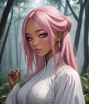 (masterpiece, high quality, 8K resolution, ultra detailed), sexy tan skinned woman with glamourous makeup, smokey eyeshadow, pink hair, depth of field,han fu, long sleeve, best quality, SFW, misty magical forest,