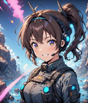 Masterpiece, 4K, ultra detailed, anime style, 1 cyber robot ponytail hair girl wearing tactical headset with fin antenna, smiling at viewers, color LED lights, SFW, vapor trails, rocky space asteroids , depth of field, 