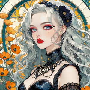 Masterpiece, 4K, ultra detailed, anime style, beautiful punk girl with goth makeup and glossy lips, long flowy hair, wild flowers, depth of field, SFW,more detail XL, retro illustrations, art Nouveau, Vintage American illustration's 