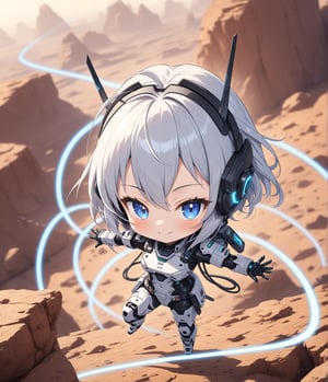 Masterpiece, 4K, ultra detailed, chibi anime style, cyber robot girl wearing tactical headset with fin antenna, smiling at viewers, SFW, flying on colorful rocky space terrain, dusty vapor trail, depth of field, 