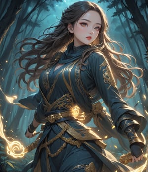 Masterpiece, 4K, ultra detailed, anime style, powerful female hunter with flawless makeup and glossy lips, long wavy hair in ninja outfit with gold details, glowing fists, in a creepy dark forest at night lit by moonlight, floating ghost spirit in the back moving in high speed, depth of field, SFW,huayu