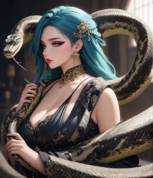 (masterpiece, high quality, 8K resolution, ultra detailed), pretty woman with glamourous makeup, smokey eyeshadow, playing with a huge Python snake, depth of field, best quality, SFW, dunhuang