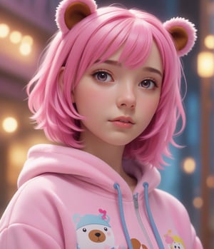 Masterpiece, 4K, ultra detailed, pretty pink hair girl wearing cartoon bear onesie, SFW, depth of field, dreamy background,