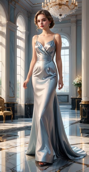 Masterpiece, 4K, ultra detailed, elegant fashionable woman, satin dress, SFW, depth of field, backlighting, marble floor reflections,