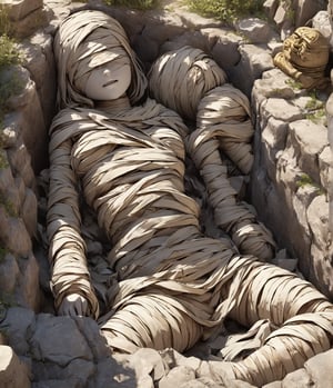 Masterpiece, 4K, Ultra detailed, 1 vintage mummy buried in the stone temple, SFW, corton gaze, windy,