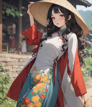 Masterpiece, 4K, ultra detailed, anime Style, 1 beautiful woman with long wavy hair and glossy lips wearing traditional conservative Vietnamese outfit, rural country, SFW, depth of field,ao_dai_tet_xl, ukiyoe art style,