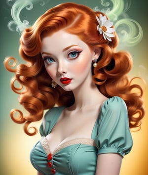 Pin-up style, masterpiece, beautiful ginger girl, slim waist and large detailed eyes, more detail XL, ((SFW)), swirling color smoke, 