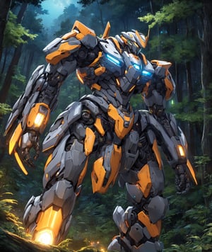 anime style, futuristic mech armor power suit in a forest at nighttime, moving on a hillside, dynamic angle, more detail XL,机甲