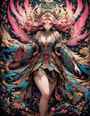 Masterpiece, 4K, ultra detailed, 1 golden pink hair angel girl with angelic makeup enhance by her seductive pink lips, gray and cyan ombre detailed feather wings, busty with ample cleavage, pointy high heels, traveling through mystical flowering forest, (Baroque art style), SFW, depth of field, ,more detail XL, ,dunhuang, ,Ink art