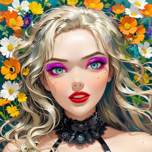 Masterpiece, 4K, ultra detailed, anime style, beautiful punk girl with glamorous makeup and glossy lips, long flowy hair, wild flowers, depth of field, SFW,more detail XL, retro illustrations, Vintage American illustration's 