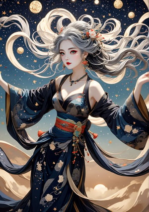 Masterpiece, 4K, ultra detailed, ((solo)), anime impressionism art style, elegant mature goth woman with beautiful detailed eyes and glamorous makeup, long flowy gray hair, finely detailed earrings, dancing in a swirling starry night, moonlight, more detail XL, SFW, depth of field,ukiyoe,dunhuang