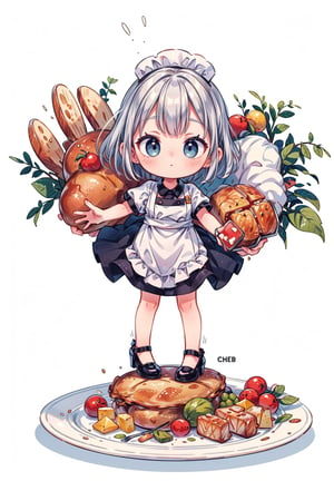 A beautiful chibi woman chef wearing a white and silver dress with high heels, presenting her first well roasted huge turkey on a plate, both hands holding the plate with huge turkey on top, intricated pose, big beautiul eyes, photorealistic, 4K, cool tone colors, full body portrait, holidays setting,