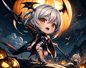 Photorealistic chibi art style, big detailed eyes, highly detailed, artistic, a sexy girl grim reaper wearing a cloak with high heels holding a scythe, following an old woman, misty, volumetric lighting, surrounding with skulls and pumpkins, windy, depth of field, dynamic angle, bats flying in the background, 2 girls, ,chibi