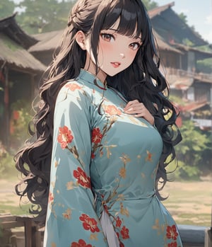 Masterpiece, 4K, ultra detailed, anime Style, 1 beautiful woman with long wavy hair and glossy lips wearing traditional conservative Vietnamese outfit, rural country, SFW, depth of field,ao_dai_tet_xl, ukiyoe art style,