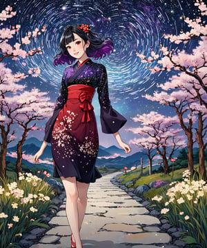 Masterpiece, 4K, ultra detailed, beautiful black and purple ombre hair woman walking in a flowering pathway wearing short sparkly red satin dress, perfect makeup and smiliing, epic starry night, windy, more detail XL, SFW, depth of field, (ukiyoe art style),