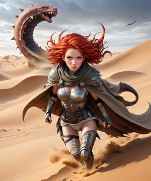 Surrealist anime art style, a lone red hair female warrior wearing cape in apocalyptic sand dunes, running at viewers, gigantic sandworm with spikes and tough scales chasing from back, more detail XL,realistic