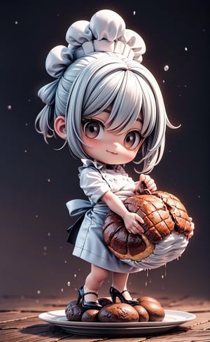 A beautiful chibi woman chef wearing a white and silver dress with high heels, presenting her first well roasted huge turkey on a plate, both hands holding the plate with huge turkey on top, intricated pose, big beautiul eyes, photorealistic, 4K, cool tone colors, full body portrait, holidays setting, chibi