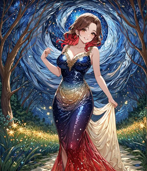 Masterpiece, 4K, ultra detailed, beautiful long hazel and red ombre hair mature woman, in a flowering forest pathway wearing short sequin dress with lace trimming, perfect makeup and smiling, epic starry night, more detail XL, SFW, depth of field, 