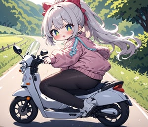 Masterpiece, newest, 4K, ultra detailed, ((solo)), full body, beautiful ponytail girl with big detailed eyes, puffy jacket and leggings, riding on moped in country road, more detail XL, SFW,