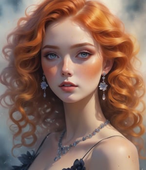 Masterpiece, 4K, ultra detailed, beautiful freckles lady with natural makeup, beautiful Smokey eyes and glossy lips, dangling earring and crystal necklace, ginger and black ombre hair, romantic flower petals, colorful bellowing smoke, depth of field, SFW,watercolor \(medium\)