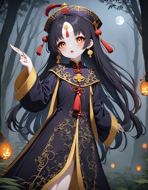 Masterpiece, 4K, ultra detailed, female Jiangshi with flawless goth makeup, paper talisman on forehead and glossy lips, golden earring, wavy long hair, dark silk robe with very long sleeves, in a spooky and misty dark forest, moon lights, depth of field, SFW, more detail XL,