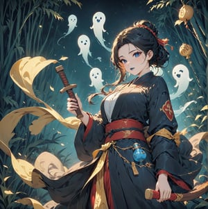 Masterpiece, 4K, ultra detailed, anime style, female ghost buster with flawless makeup and dark blue lips, yellow paper talisman with red oak wooden sword on 1 hand, dark satin robe with Gourd Water Bottle tied to waist, in a dark bamboo forest at night, floating ghost spirit in the back, depth of field, SFW,huayu, Ukiyoe Art Style,