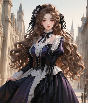 Masterpiece, 4K, ultra detailed, anime Style, 1 beautiful woman with long wavy hair and glossy lips wearing traditional Victorian outfit, SFW, depth of field,shuimo style