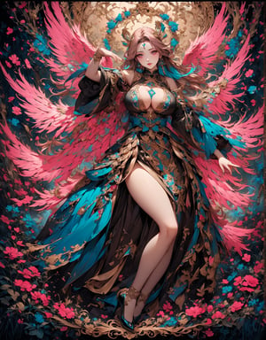 Masterpiece, 4K, ultra detailed, 1 golden pink hair angel girl with angelic makeup enhance by her seductive pink lips, gray and cyan ombre detailed feather wings, busty with ample cleavage, pointy high heels, traveling through mystical flowering forest, (Baroque art style), SFW, depth of field, ,dunhuang, ,Ink art