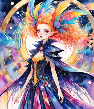 Masterpiece, 4K, ultra detailed, elegant fashionable woman, perfect makeup, flowy cape, magical portal, SFW, depth of field, vibrant Punk Art Style,watercolor \(medium\)