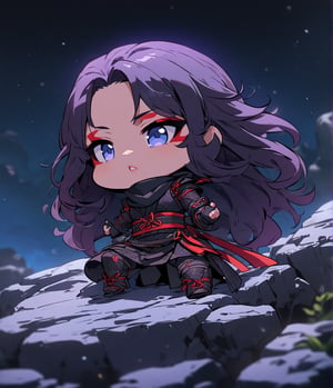 Masterpiece, 4K, ultra detailed, chibi anime style, strong female ninja with flawless makeup and glossy lips, long flowy hair wearing ninja outfit, on top of a rocky cliff, nighttime, depth of field, SFW,