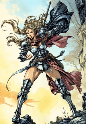 Full body, 1girl Warrior wearing armor and helmet, cape, amano yoshitaka, traditional media, fantasy illustration, soft colors, final fantasy, windy, dynamic poses, 
