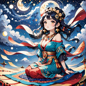 Masterpiece, 4K, ultra detailed, chibi anime style, busty ancient Inca woman sitting on a flying carpet, beautiful flawless face with great makeup, dangling earrings, colorful headpiece, epic starry night, windy, more detail XL, SFW, depth of field, (ukiyoe art style), Ink art,Deformed,masterpiece