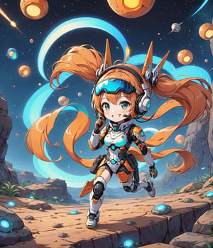 Masterpiece, 4K, ultra detailed, chibi anime style, cyber robot ponytail hair girl wearing tactical headset with fin antenna, smiling at viewers, orange and cyan LED lights, SFW, flying on colorful rocky space terrain at night, sonic boom, depth of field, 