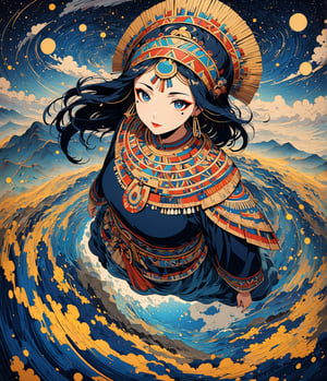 Masterpiece, 4K, ultra detailed, anime style, ancient Inca woman standing on mountain top, beautiful flawless face with great makeup, dangling earrings, colorful headpiece, epic starry night, windy, more detail XL, SFW, depth of field, (ukiyoe art style), Ink art, from above, fisheye lens,