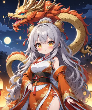 Chibi anime style, 4K, ultra detailed, 1 cute girl with long hair wearing a traditional Asian dress, medium breasts and detail eyes looking at viewers, Golden dragon in the background, more detail XL, SFW,  nighttime, moonlight, 