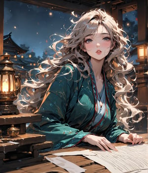 Masterpiece, 4K, ultra detailed, Sketchbook Style, 1 beautiful woman with long wavy hair and glossy lips wearing traditional Asian outfit, paper scroll on table, in shrine at night, oil lamp, windy, SFW, depth of field,shuimo style