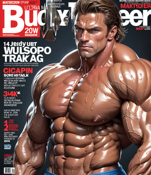 Masterpiece, 4K, ultra detailed, bodybuilder magazine cover, sweating biceps SFW, 