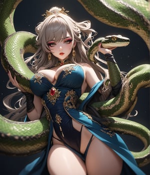 (masterpiece, high quality, 8K resolution, ultra detailed), pretty woman with glamourous makeup, smokey eyeshadow, playing with a huge Python snake, depth of field, best quality, SFW, dunhuang